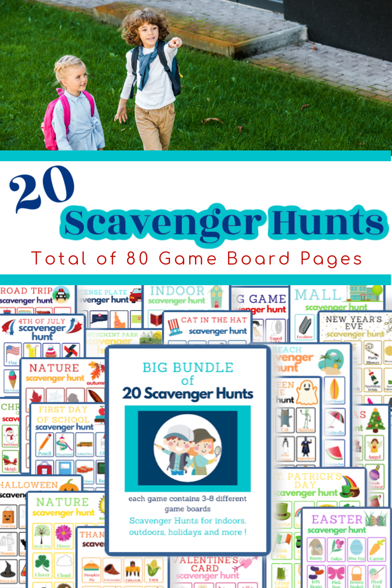 Children walking; Scavenger Hunts cover featuring game boards. Text: "Introducing the Big Bundle of Scavenger Hunt Games by Organized 31 Shop! Enjoy 20 exciting holiday-themed scavenger hunts with a total of 80 game board pages. Each game comes with 3-8 unique boards for indoor, outdoor, and holiday adventures, and more!
