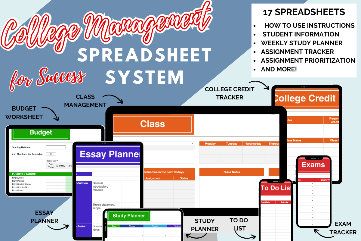 A promotional image for the College Management Spreadsheet System by Organized 31 Shop, showcasing various tools like budget worksheets, essay planners, class management features, and more. This comprehensive system includes 17 spreadsheets with guides and trackers.