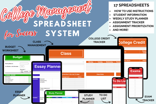 A promotional image for the College Management Spreadsheet System by Organized 31 Shop, showcasing various tools like budget worksheets, essay planners, class management features, and more. This comprehensive system includes 17 spreadsheets with guides and trackers.