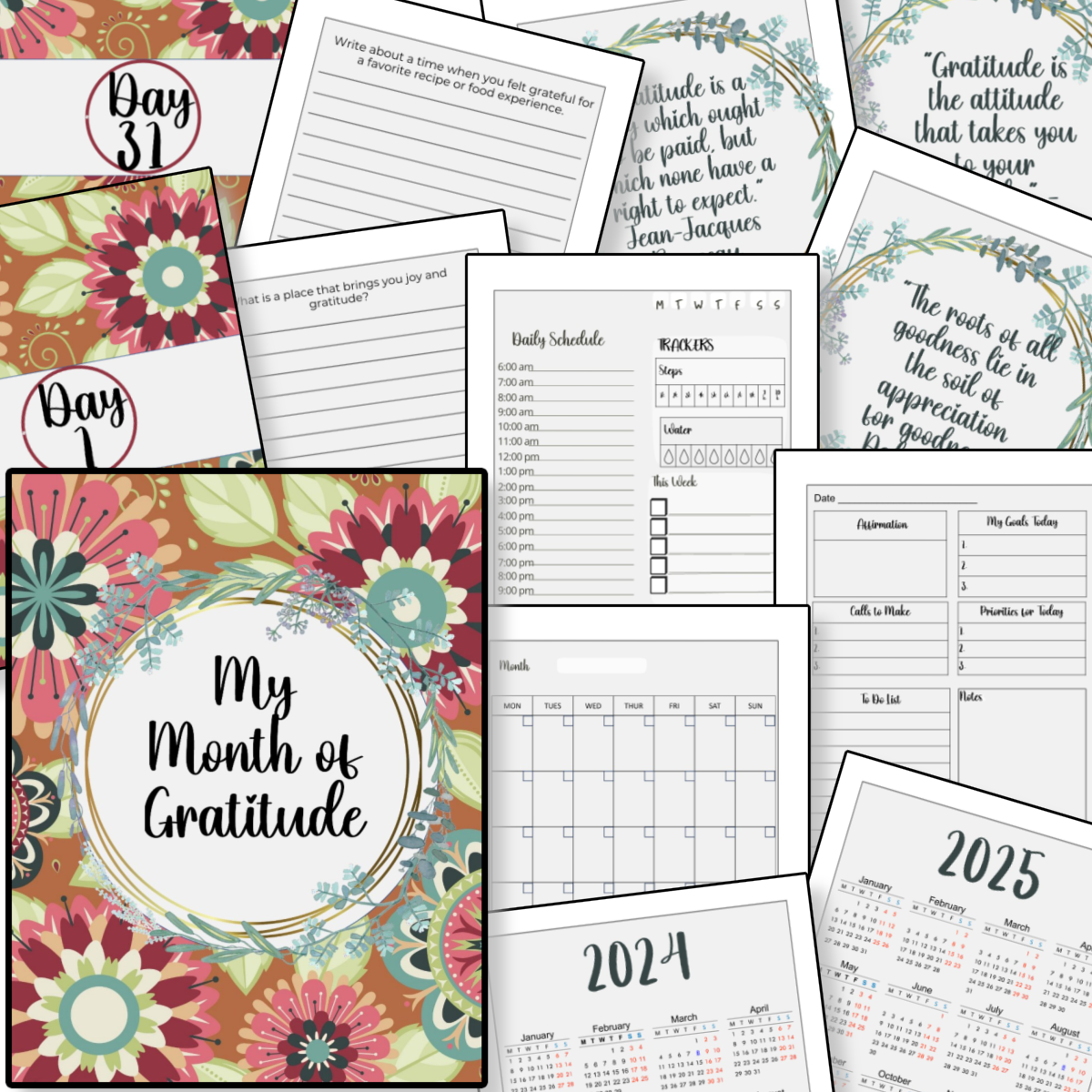 Collage of various gratitude journal pages and planners featuring calendars, daily schedules, and inspirational quotes from the Organized 31 Shop's Gratitude Each Month Planner.