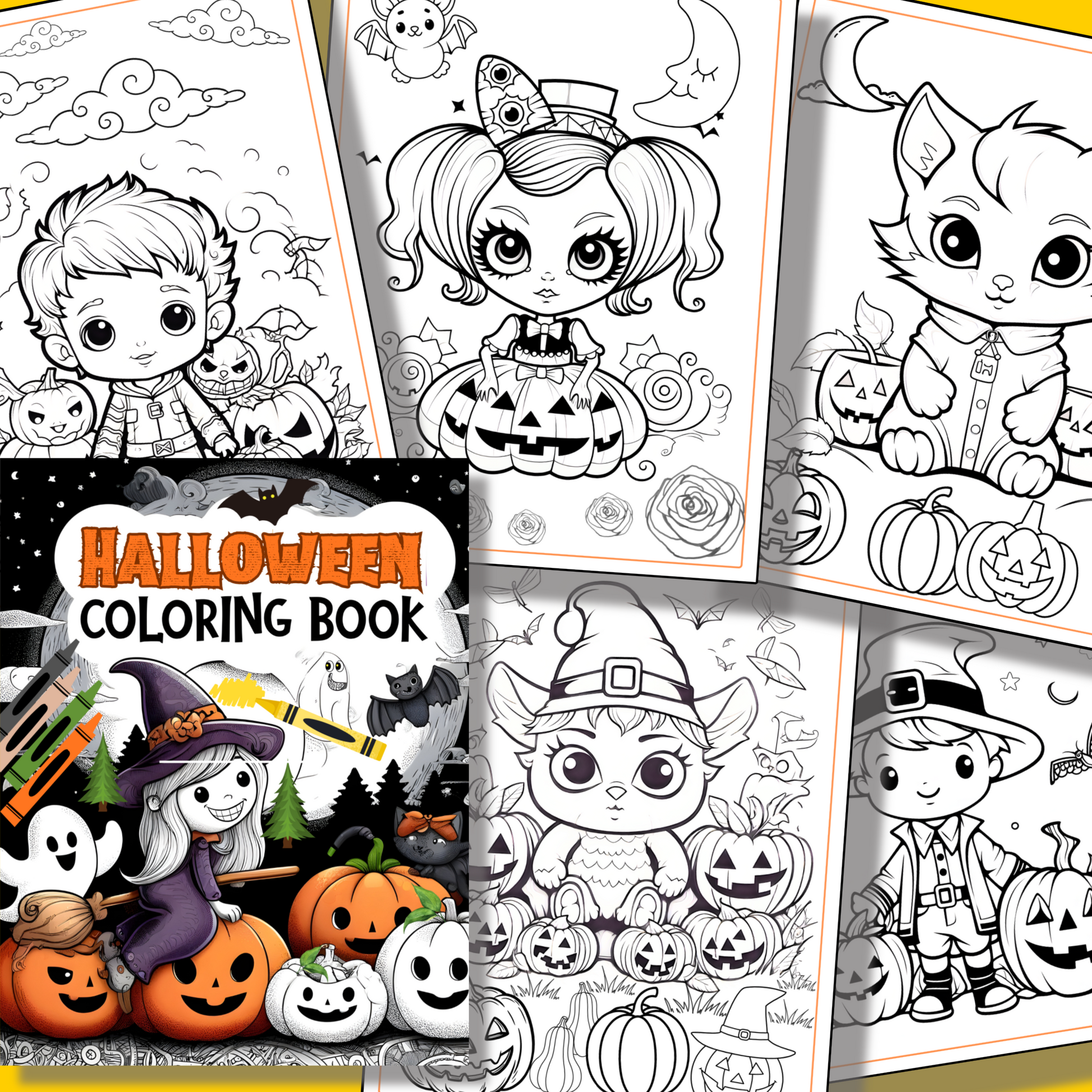 Five pages from the Halloween Coloring Book feature cartoon children and animals in costumes, surrounded by pumpkins and festive decorations, with the cover titled "Halloween Coloring Book.