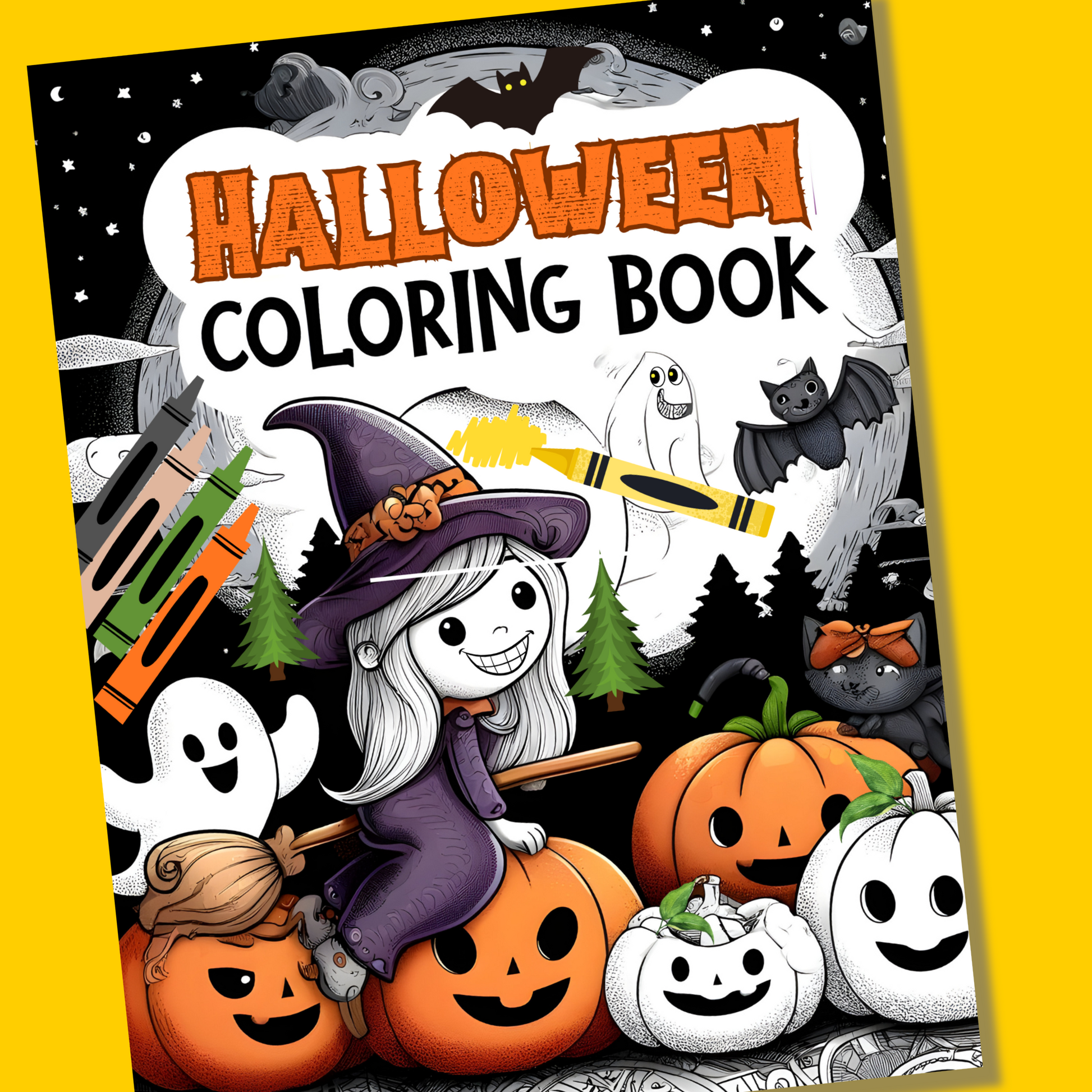 The Halloween Coloring Book cover shows a smiling girl in a witch costume surrounded by pumpkins, ghosts, bats, a black cat, crayons, and a spooky night sky.