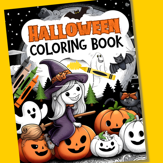The Halloween Coloring Book cover shows a smiling girl in a witch costume surrounded by pumpkins, ghosts, bats, a black cat, crayons, and a spooky night sky.