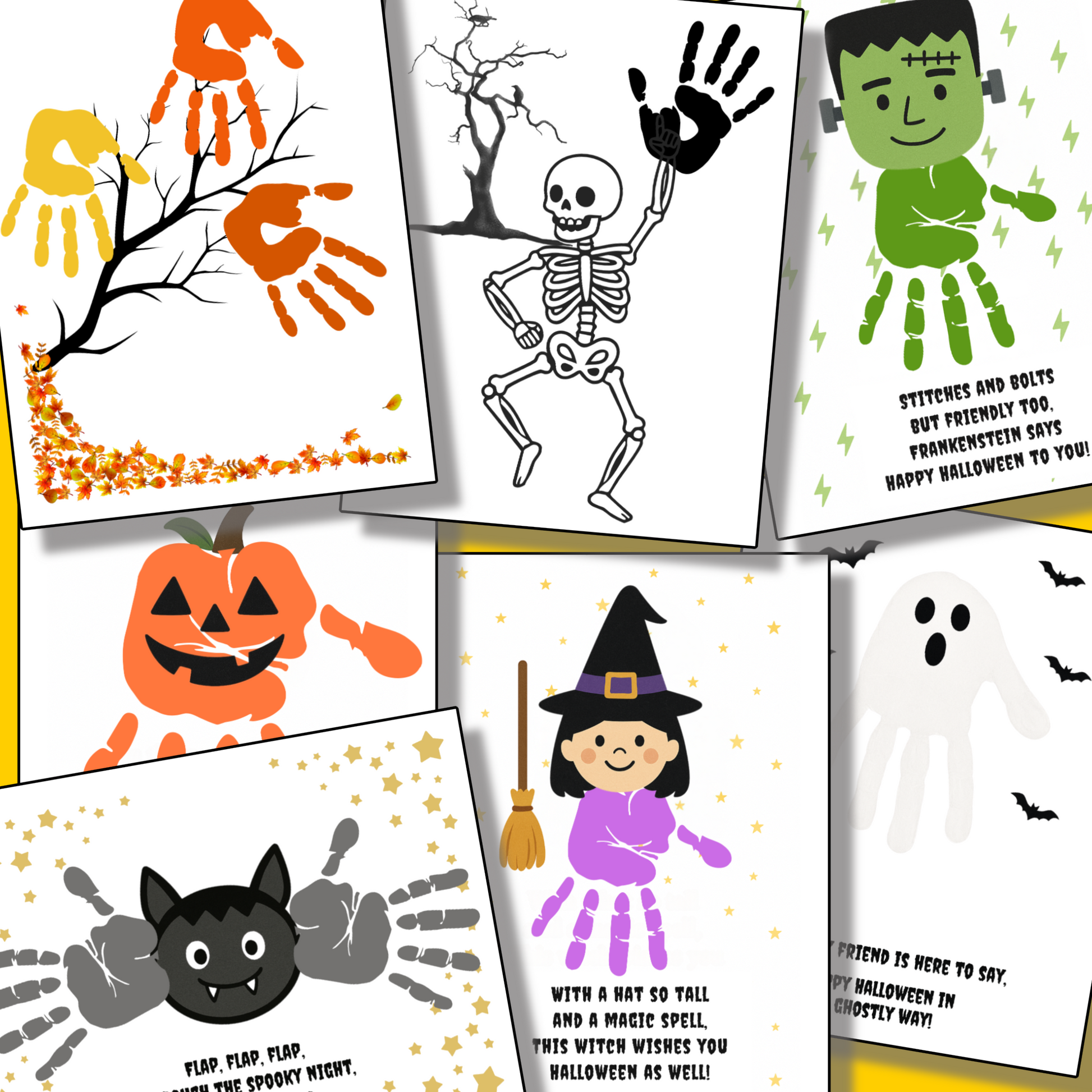 A collage of Halloween Handprint Crafts Printable cards featuring kids' craft ideas like handprint art of a tree, skeleton, Frankenstein, pumpkin, bat, witch, and ghost, each with a festive message.