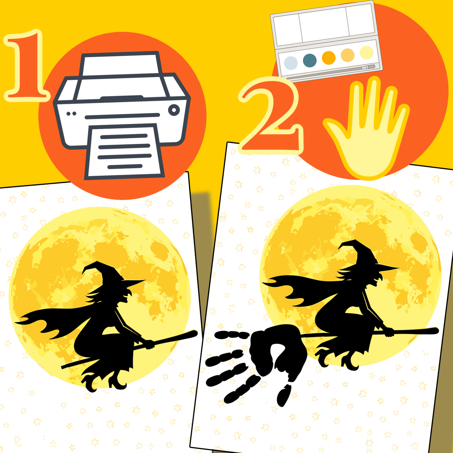 Step-by-step instructions: 1. Print the witch and moon image from our Halloween Handprint Crafts Printable. 2. Use paint and your handprint to decorate the image for a fun kids’ Halloween craft.