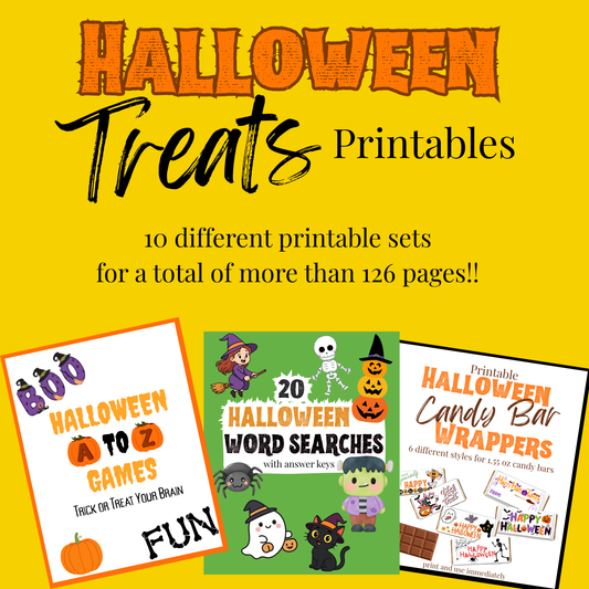 Halloween Treats Printables 2025 features three printable activity sets—including A to Z games, word searches, candy bar wrappers, and coloring pages—shown on a yellow background with promo text. Ideal for any Halloween party planner!.
