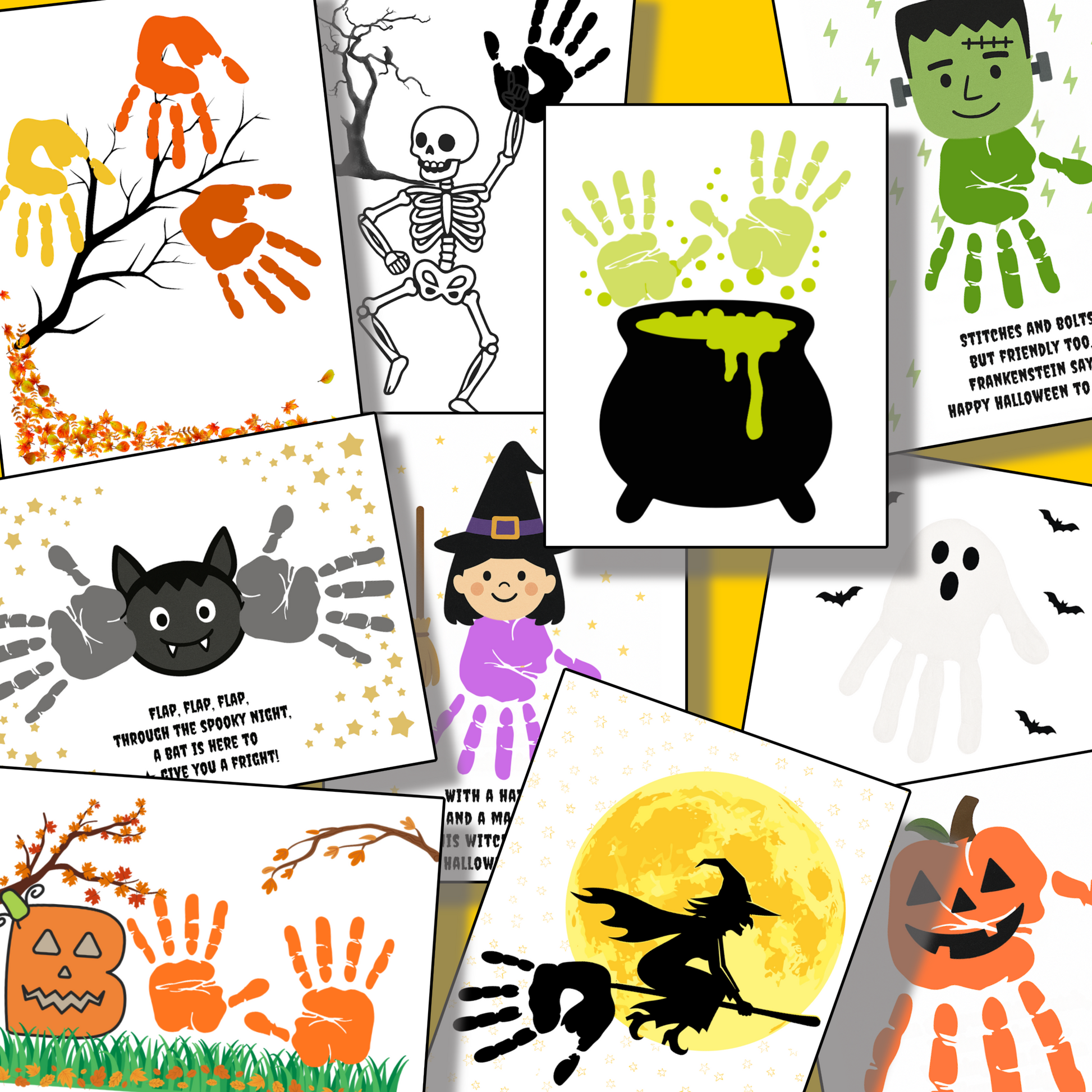 Halloween Handprint Crafts Printable features fun handprint art—witches, pumpkins, skeletons, ghosts, a bat, Frankenstein, and a bubbling cauldron—making it the perfect Halloween craft activity for kids!.