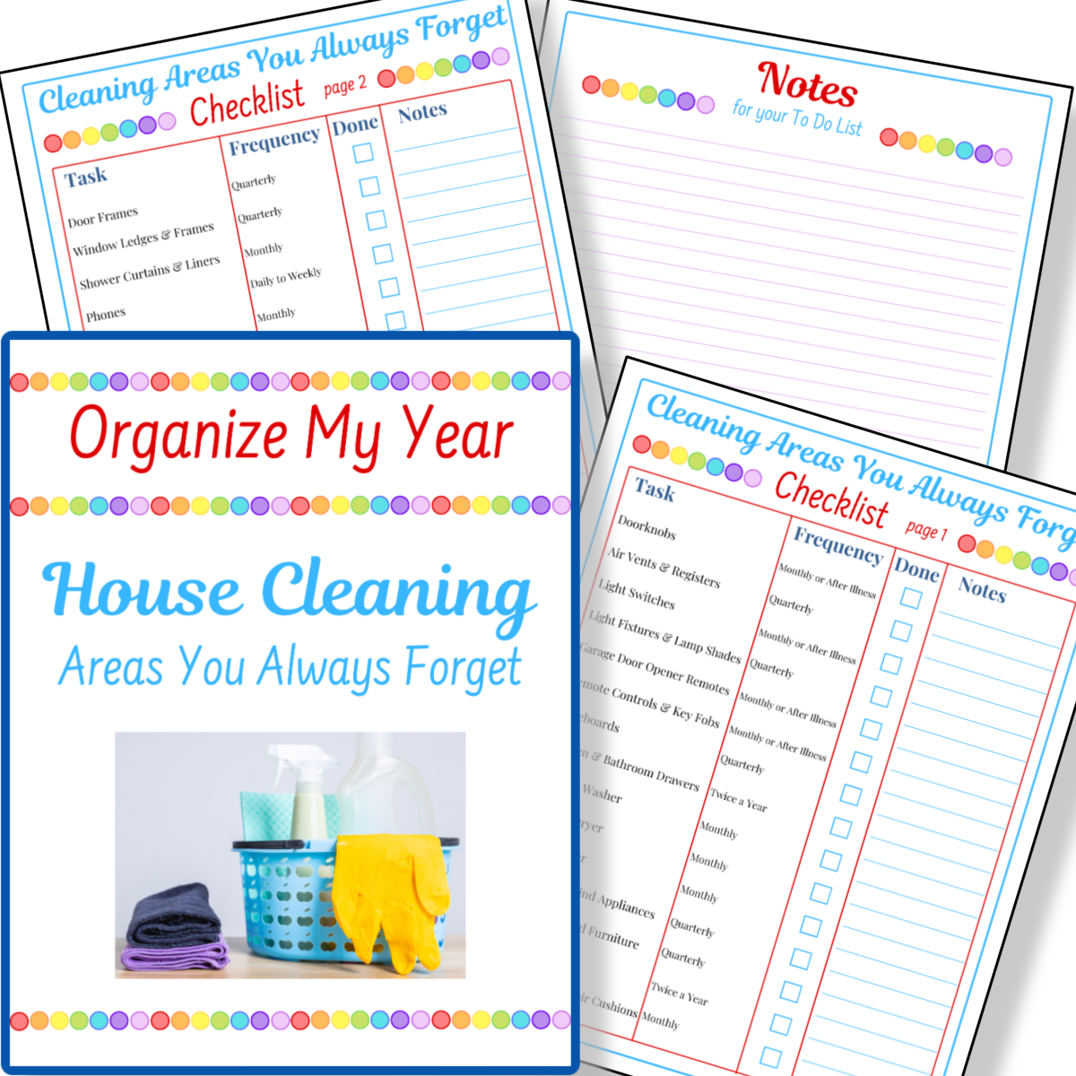 Check out the "House Cleaning Checklist - Areas You Forget" from Organized 31 Shop, featuring a colorful cover with cleaning supplies, cleaning checklists, and note pages. Subscribe to our free newsletter for the latest printable house cleaning checklists!.