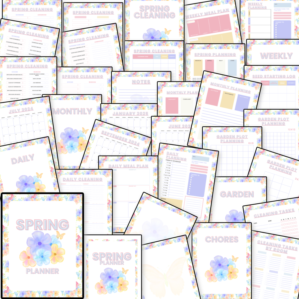 The 2025 Spring Flowers Planner by Organized 31 Shop is a colorful digital product with planner pages themed around spring flowers, designed to help organize 2024-2025 tasks like meal planning, gardening, chores, and more.