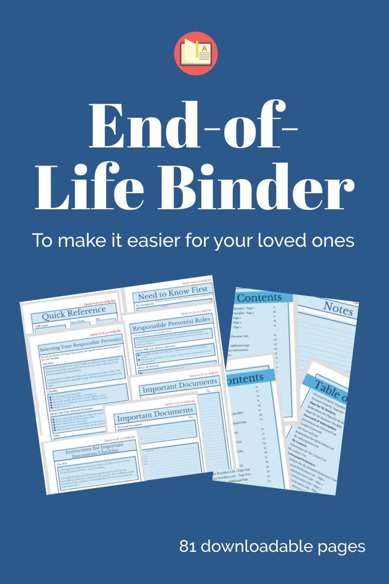 The Organized 31 Shop Comprehensive End-of-Life Checklist features a blue cover, sample pages, a table of contents, "81 downloadable pages" text, and a printable checklist to help organize important documents for loved ones.