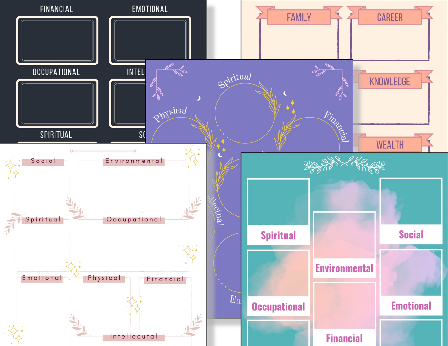 A variety of planners, including digital products in PDF format, with different designs and colors, such as the 5 Vision Boards from Organized 31 Shop.