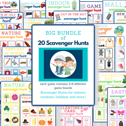 Children walking; Scavenger Hunts cover featuring game boards. Text: "Introducing the Big Bundle of Scavenger Hunt Games by Organized 31 Shop! Enjoy 20 exciting holiday-themed scavenger hunts with a total of 80 game board pages. Each game comes with 3-8 unique boards for indoor, outdoor, and holiday adventures, and more!