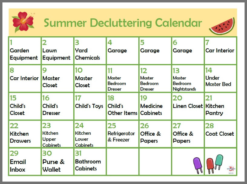 A printable Summer Decluttering Calendar listing daily tasks by categories such as garden equipment, chemicals, master bedroom, and kitchen cupboards, decorated with summer-themed icons from Organized 31 Shop.