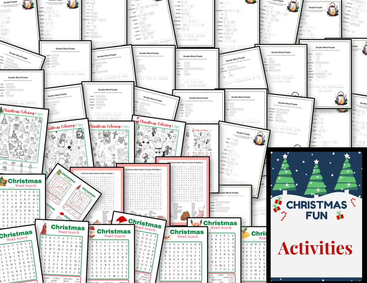 A vibrant collage of Christmas-themed activity sheets including word searches, coloring pages, and math exercises surrounds a central sign that says "Christmas Fun Printables Bundle." This offering from Organized 31 Shop promises a treasure trove of holiday activities and Christmas printables for endless festive enjoyment.