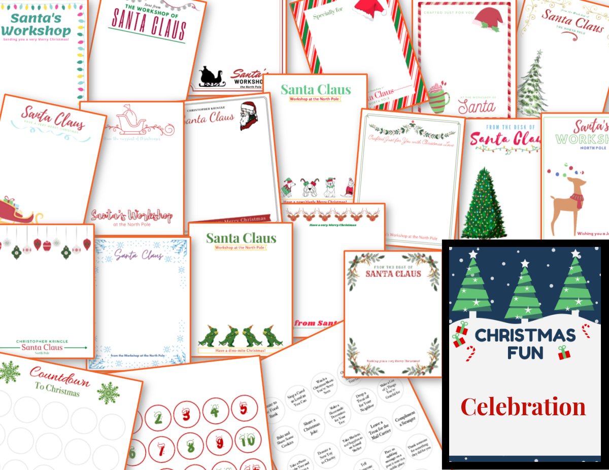 The Christmas Fun Printables Bundle by Organized 31 Shop offers a collection of holiday-themed stationery featuring Santa Claus, reindeer, elves, festive borders, and elements ideal for seasonal activities.