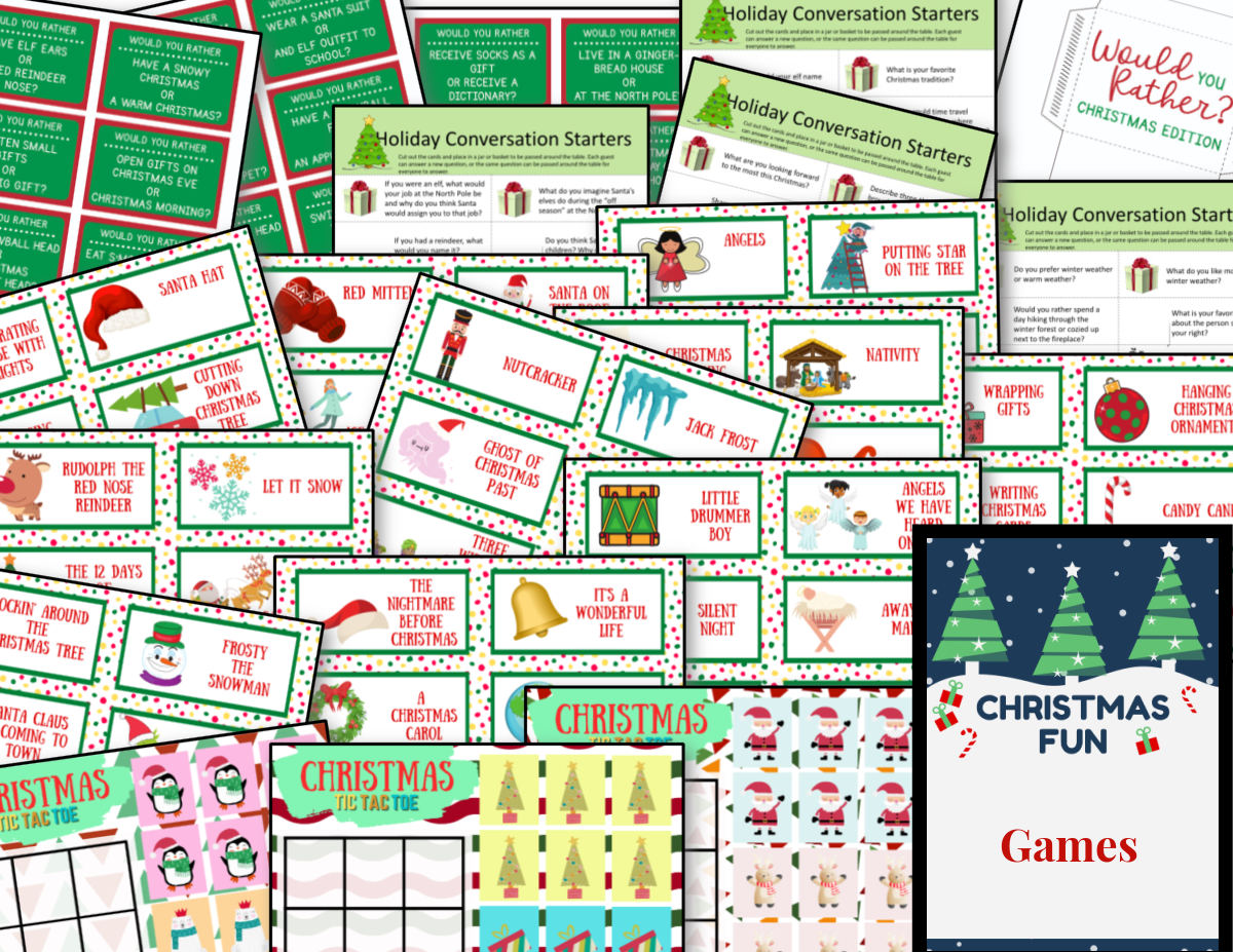 Discover the Christmas Fun Printables Bundle by Organized 31 Shop, a delightful collection of holiday-themed printables and games adorned with festive graphics such as Santa hats, snowflakes, and candy canes—ideal for engaging in joyful holiday activities and conversations.