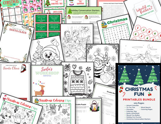Discover the Christmas Fun Printables Bundle from Organized 31 Shop, which includes a delightful collection of Christmas-themed coloring pages, word searches, and holiday activities featuring festive motifs like Santa, snowmen, and reindeer.