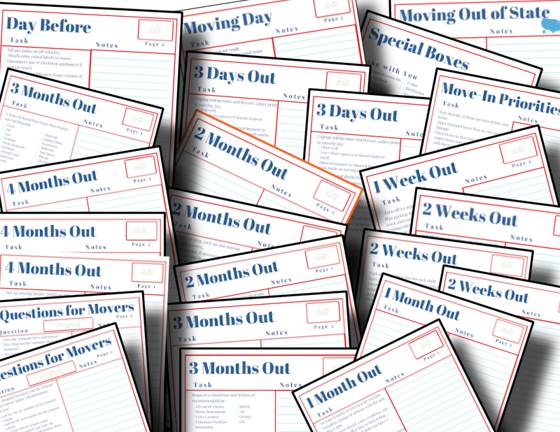 A collection of Comprehensive Moving Checklists Planner from Organized 31 Shop for a baby's first day of school, including moving tips.