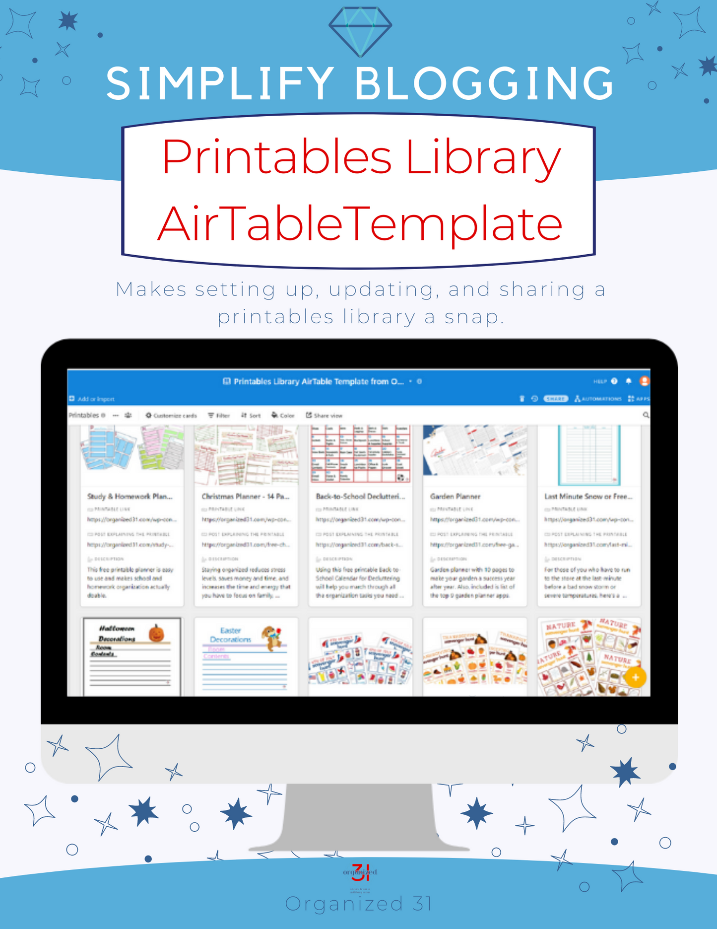 A computer screen displays the Simplify Blogging Printables Library template from Organized 31 Shop, featuring file previews and options to efficiently grow your email list.