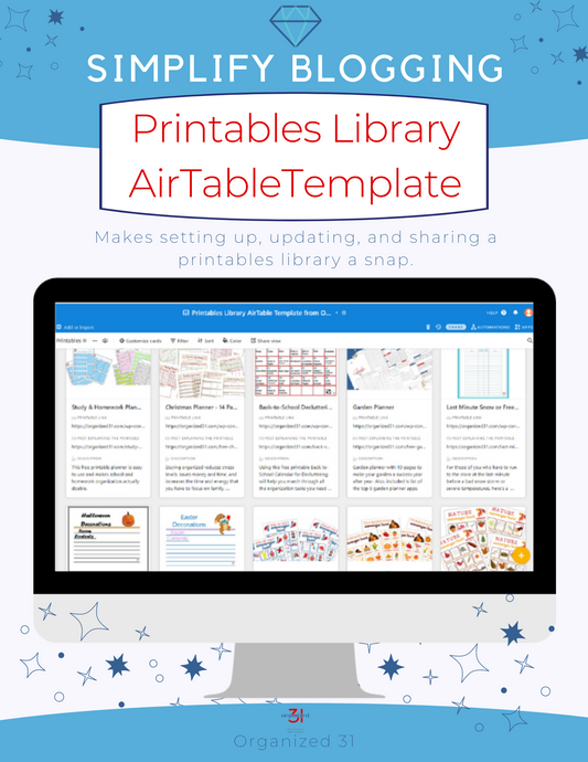 A computer screen displays the Simplify Blogging Printables Library template from Organized 31 Shop, featuring file previews and options to efficiently grow your email list.