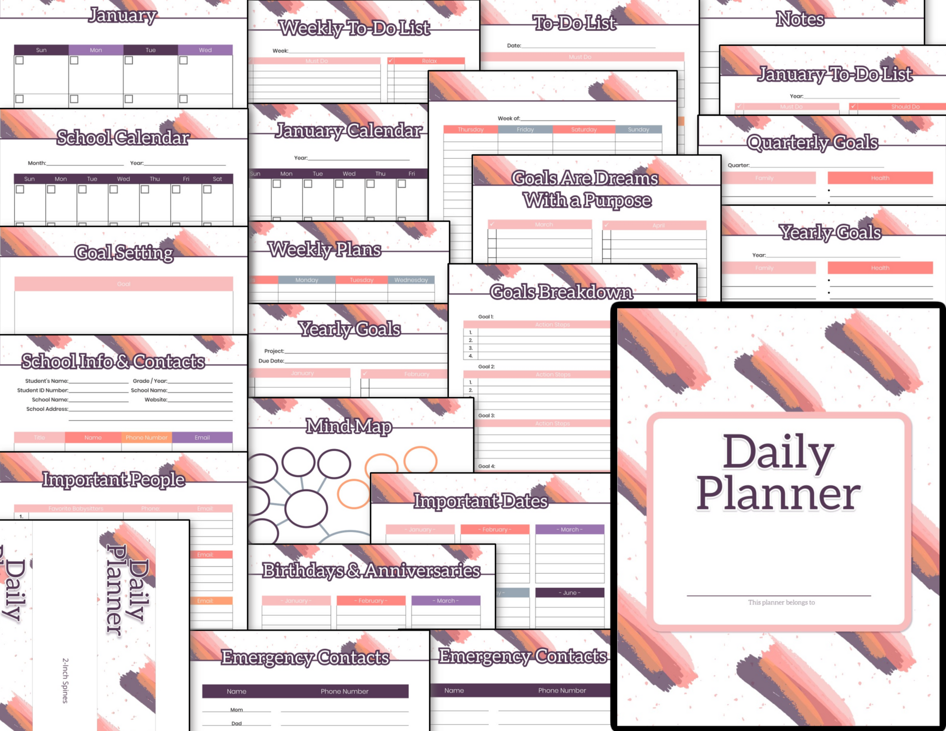 An Organized 31 Shop Pink Grey Brushstrokes Planner Bundle with a pink and purple cover.