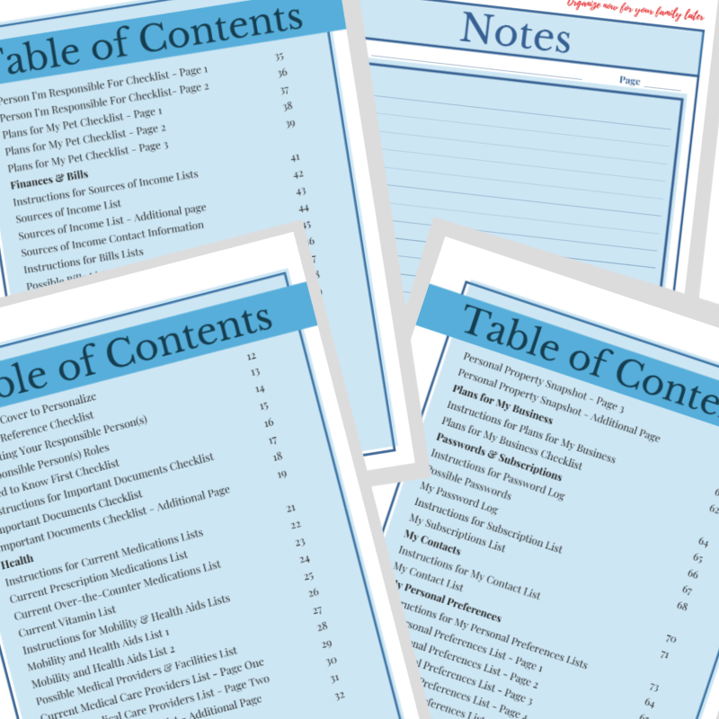 The Comprehensive End-of-Life Checklist by Organized 31 Shop features four light blue pages with "Table of Contents" and "Notes" headers, organized sections, and page numbers—ideal as a printable or fillable PDF for your planning needs.