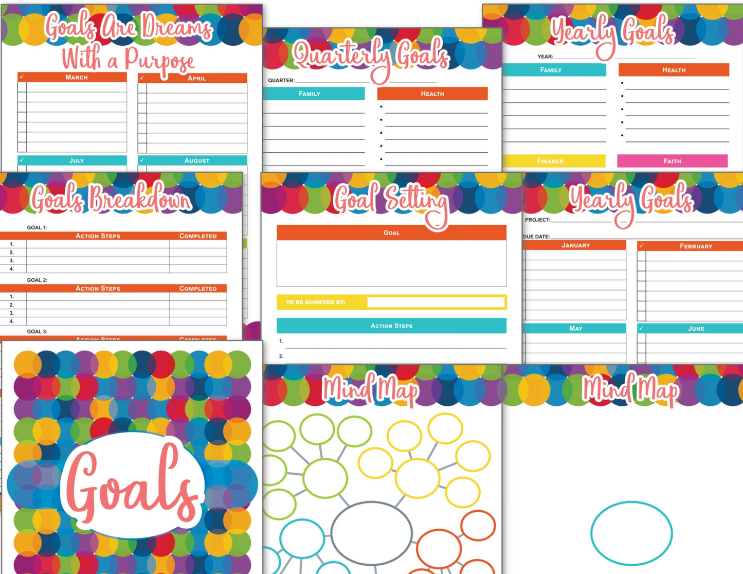 The Planner Printable and Fillable - Colorful Circles from Organized 31 Shop helps you set quarterly and yearly goals, break them down, and create mind maps. Stay organized with vibrant headers featuring multicolored circular patterns that make planning a breeze.