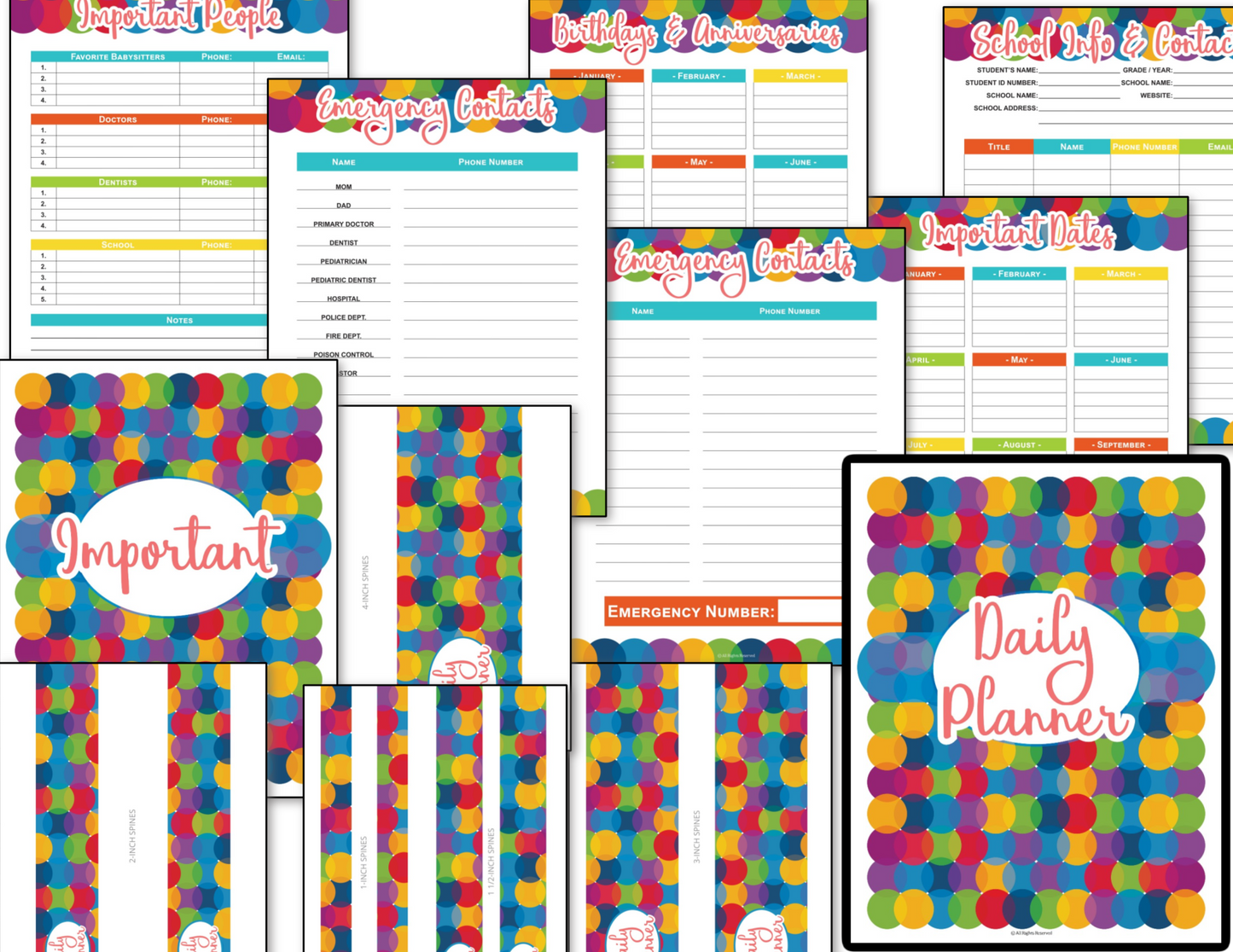 Stay organized with the Planner Printable and Fillable - Colorful Circles from Organized 31 Shop. Featuring polka dot designs and red and blue headings, it includes sections for important people, emergency contacts, school info, key dates, and birthdays to keep everything neatly in place.
