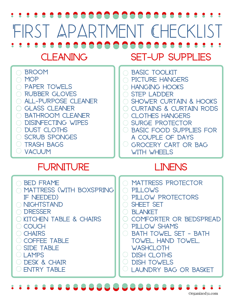 First Apartment Checklist Organized 31 Shop