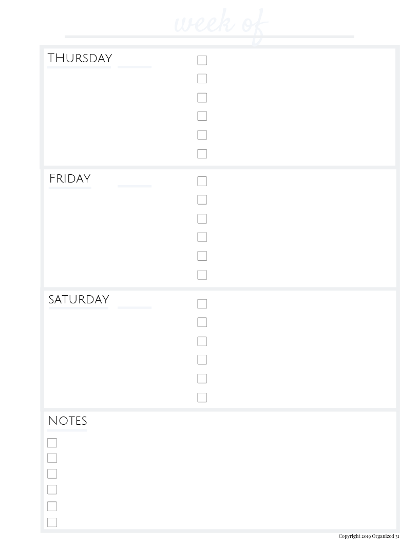 A printable weekly planner that meets planner needs and features preprinted Bullet Journal Templates Full-Page Undated from Organized 31 Shop.