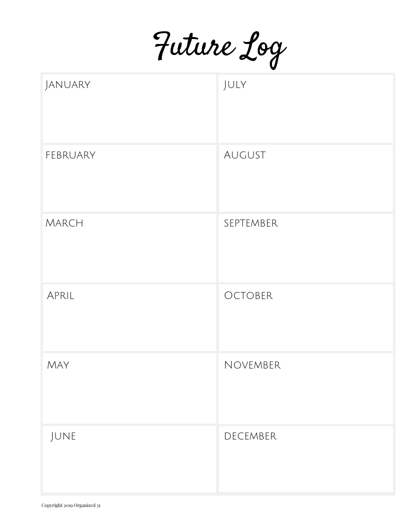 A Bullet Journal Templates Full-Page Undated planner with a future log section from Organized 31 Shop.