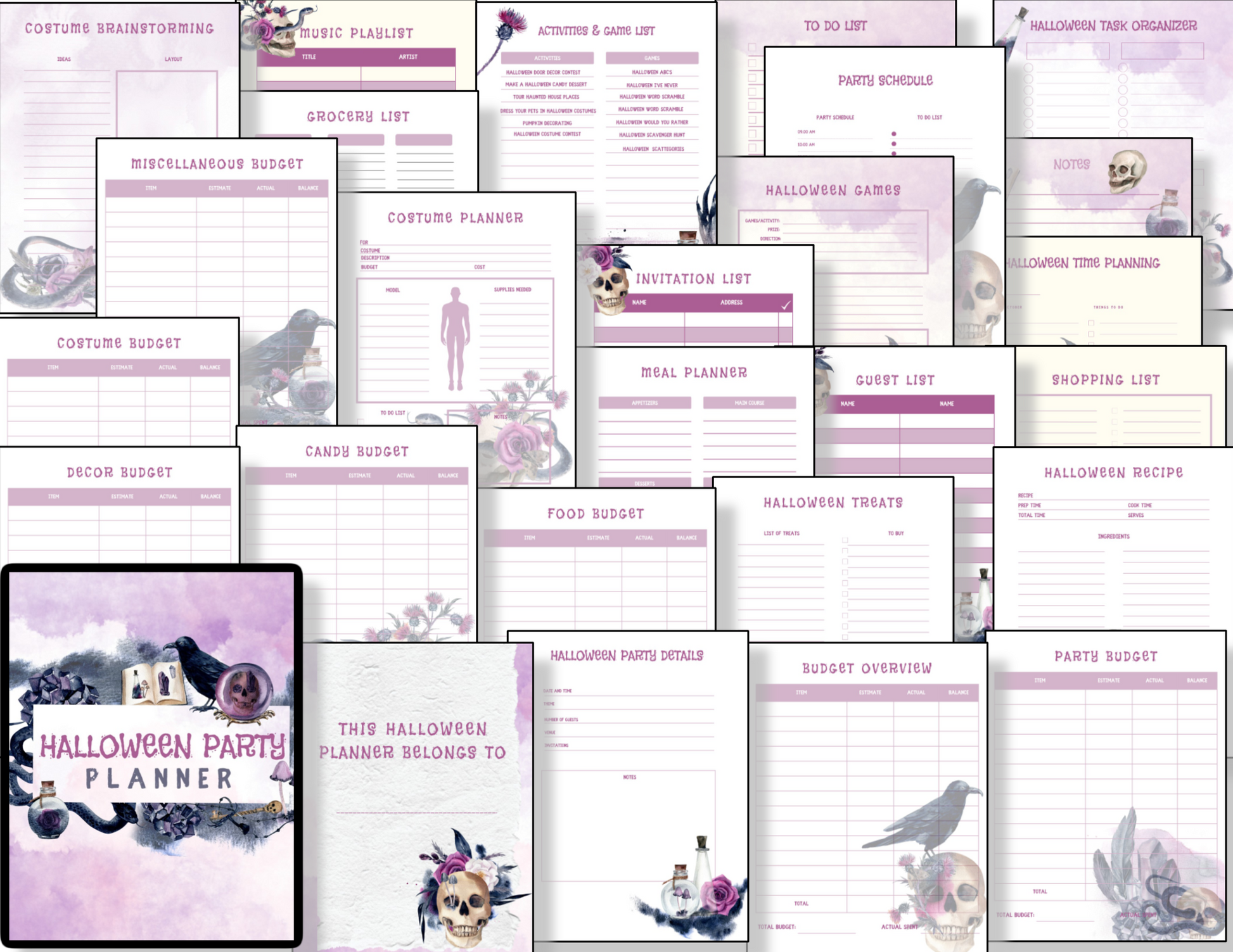 An image of Organized 31 Shop's Halloween Party Planner, a printable 24-page digital product featuring sections for budget, to-do lists, guest list, meal plans, games, activities, and more. This comprehensive planner embraces a spooky theme with skulls, ravens, and purple hues.