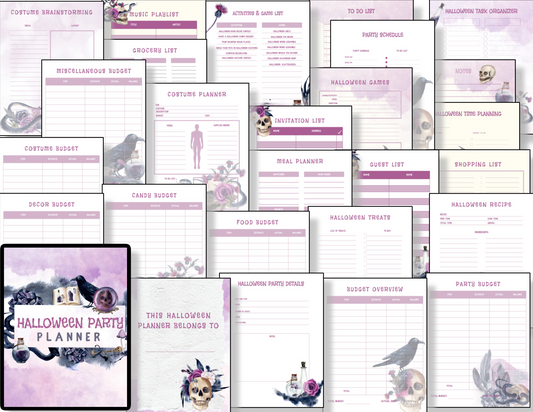 An image of Organized 31 Shop's Halloween Party Planner, a printable 24-page digital product featuring sections for budget, to-do lists, guest list, meal plans, games, activities, and more. This comprehensive planner embraces a spooky theme with skulls, ravens, and purple hues.