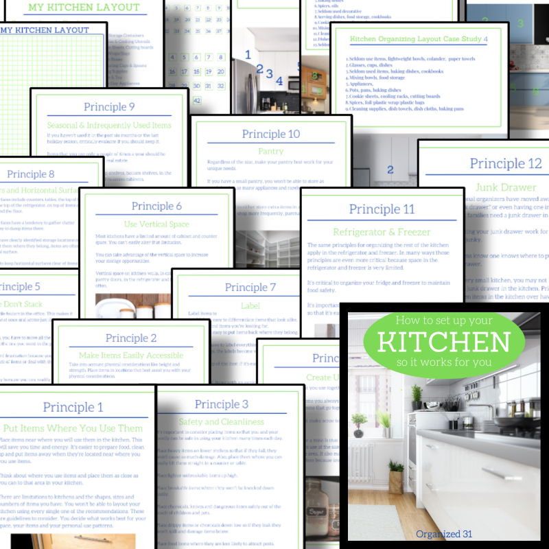 An open kitchen cabinet showcasing neatly arranged dishes, glassware, and baskets. Text overlay reads "How to Set Up Kitchen Organization by Organized 31 Shop.