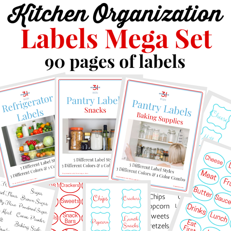 Image of an "Organized 31 Shop Kitchen Organization Label Mega Set" advertisement displaying 90 pages of coordinated labels for refrigerators, snacks, baking supplies, and more, including lists of label styles and colors.