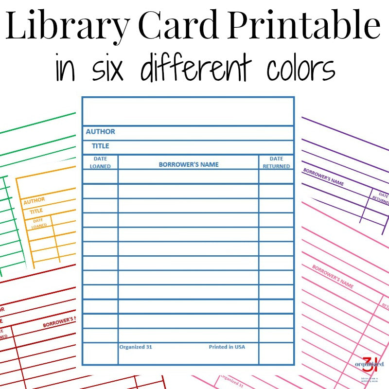Organized 31 Shop's Library Cards Printable in six different colors.