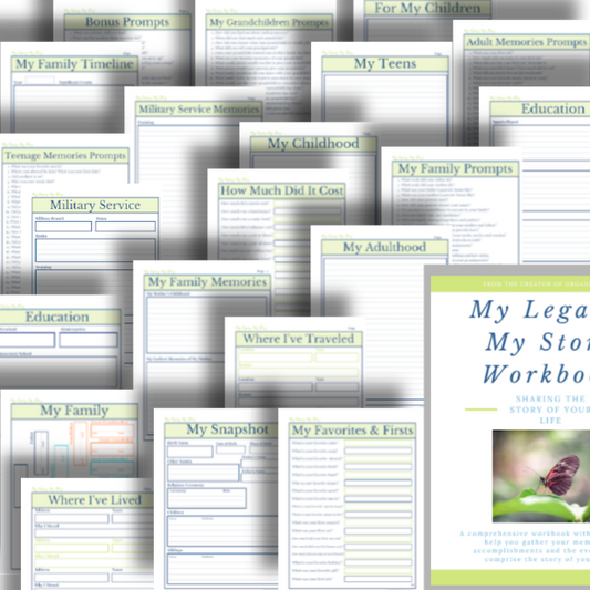 Cover image of the "My Legacy, My Story Workbook" by Organized 31 Shop, displaying a green circle with the title and surrounded by sample pages. These include prompts for family timelines, memories, favorites, and snapshots. This printable workbook is perfect for documenting your life story and preserving precious moments.