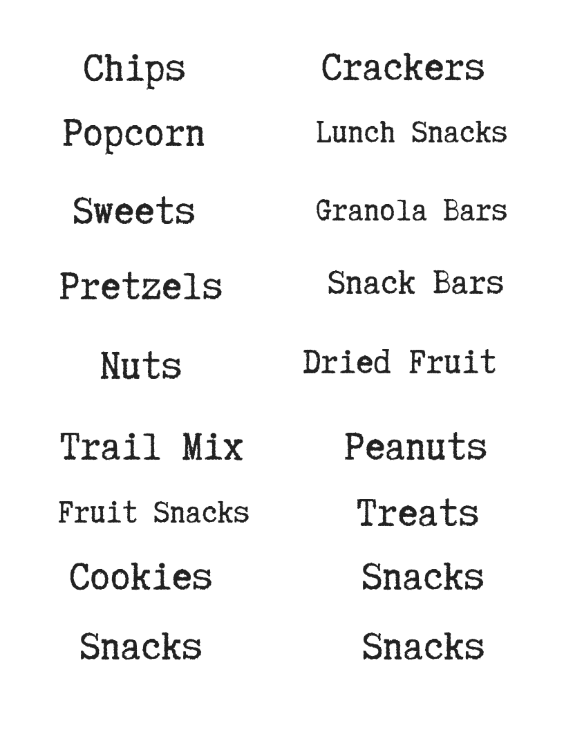A printable Kitchen Labels for Snacks list with different kinds of snacks from the Organized 31 Shop.