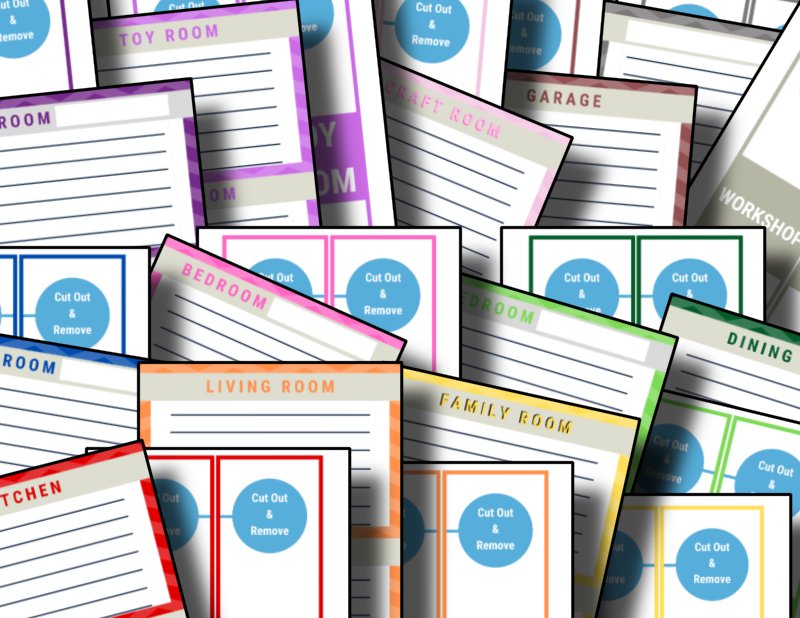 A colorful stack of Printable Moving Labels & Inventory Sheets with a picture of a family room from the Organized 31 Shop.