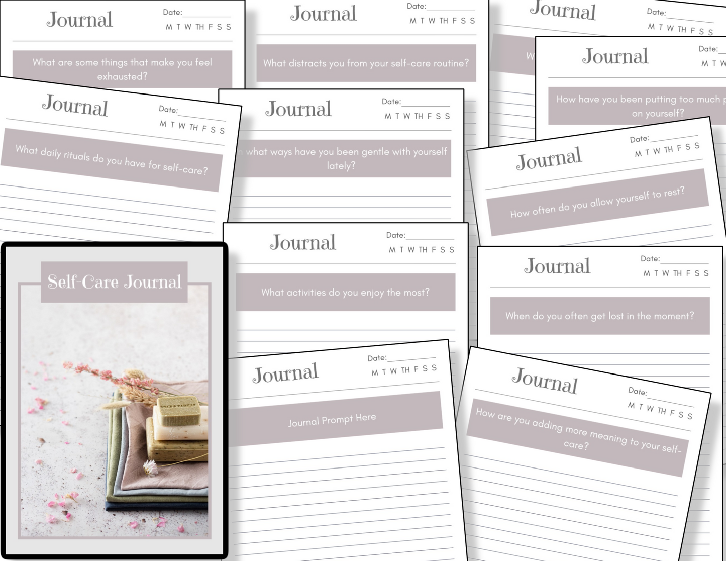 The Self Care Journal by Organized 31 Shop offers printable pages with prompts like "What activities do you enjoy the most?" and "How do you allow yourself to rest?" crafted to boost emotional wellbeing, complete with a cover image.