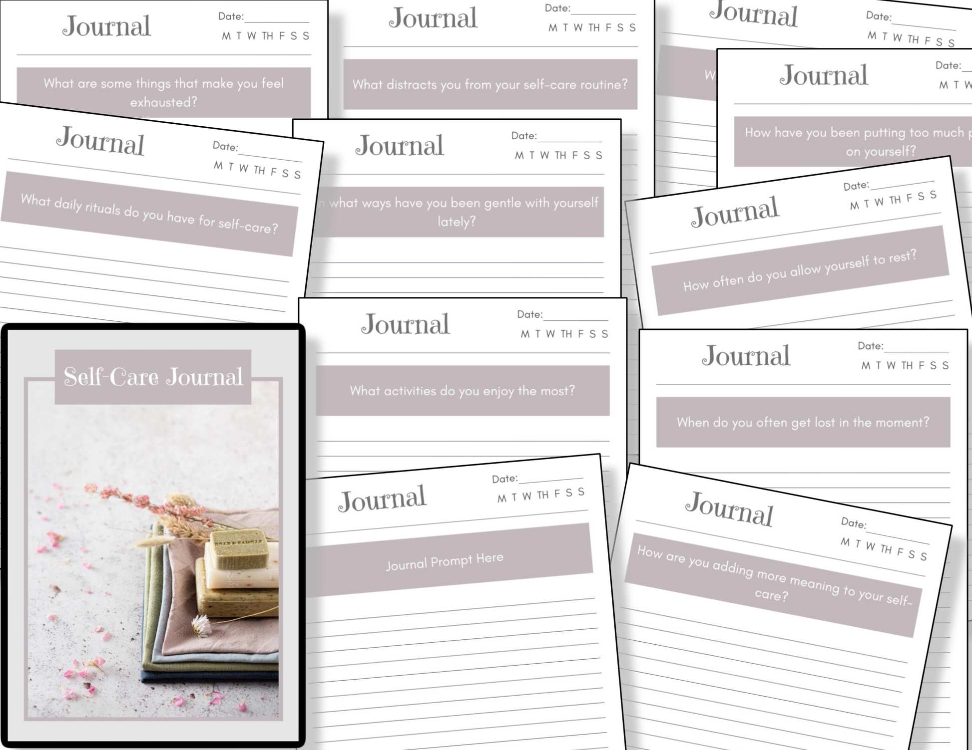 The Self Care Journal by Organized 31 Shop offers printable pages with prompts like "What activities do you enjoy the most?" and "How do you allow yourself to rest?" crafted to boost emotional wellbeing, complete with a cover image.