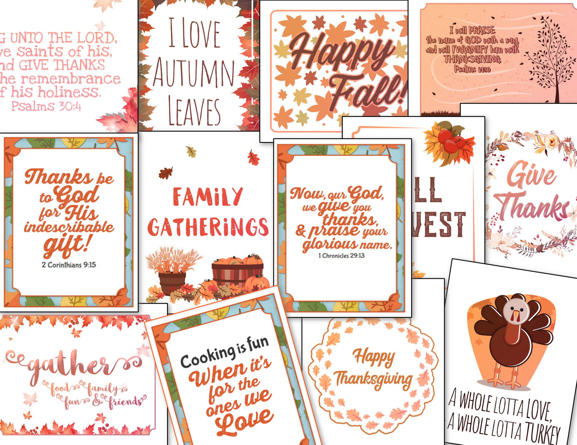 The "Thanksgiving Planner Autumn Leaves + Bonus" by Organized 31 Shop offers a collection of fall-themed cards with Bible verses, Thanksgiving greetings, autumn leaves, and a cartoon turkey, ideal for Thanksgiving wall decor.