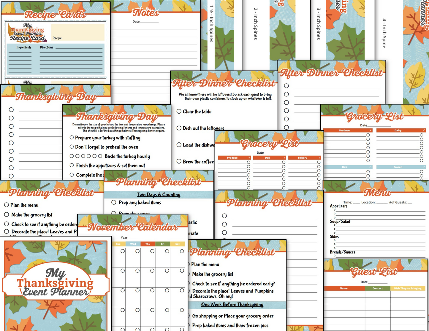 The Thanksgiving Planner Autumn Leaves + Bonus by Organized 31 Shop is a vibrant addition to your festive wall art collection. It includes recipe cards, notes, checklists for dinner and groceries, guest lists, a menu, and a November calendar with a colorful leaf border design.