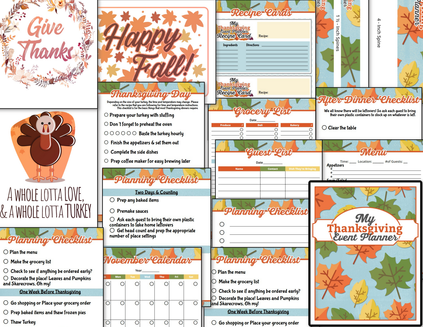 The Thanksgiving Planner Autumn Leaves + Bonus by Organized 31 Shop includes organizing pages, checklists, recipe cards, a menu, guest list, and a November calendar—everything for the perfect holiday gathering.