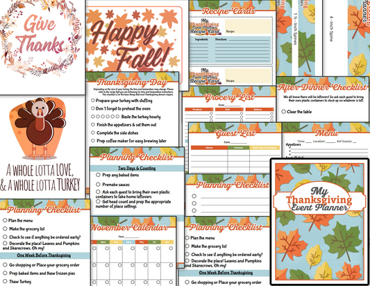 The Thanksgiving Planner Autumn Leaves + Bonus by Organized 31 Shop includes organizing pages, checklists, recipe cards, a menu, guest list, and a November calendar—everything for the perfect holiday gathering.