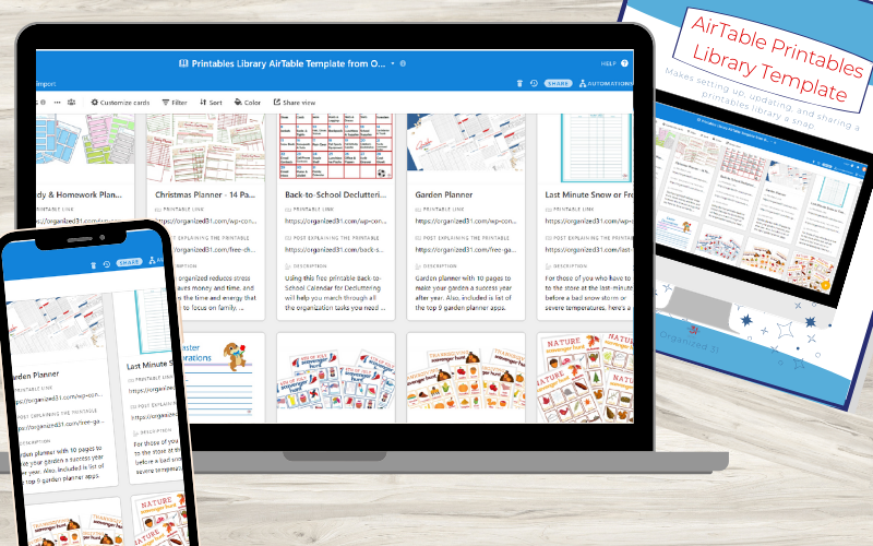 A laptop, tablet, and smartphone display the Simplify Blogging Printables Library by Organized 31 Shop, showcasing an extensive collection of planner designs.