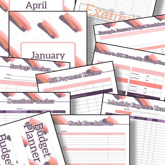 Printable April and January Budget Planner - Organized 31 Shop's Budget Planner Binder - Pink and Grey Brushstroke.