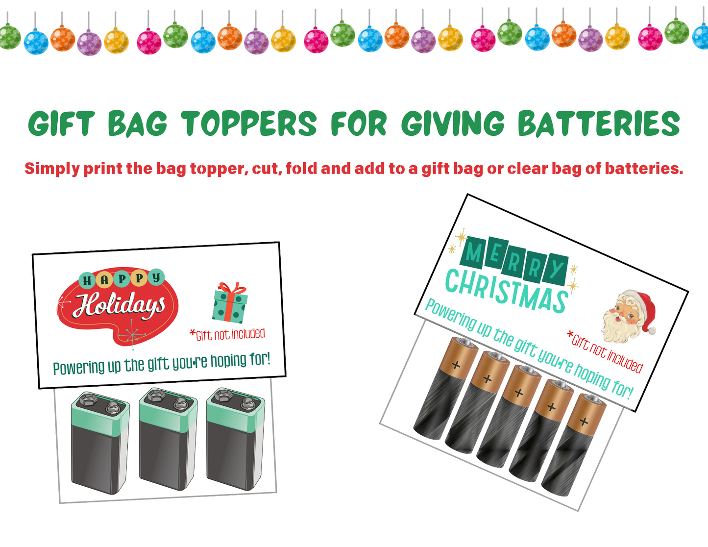 Organized 31 Shop's Christmas Gift Topper for Batteries offers printable toppers with "Happy Holidays" and "Merry Christmas" designs, perfect for adding festive flair to batteries as stocking stuffers.