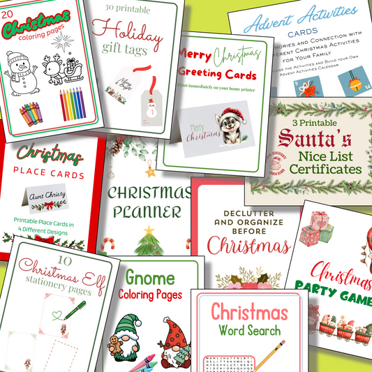 The 12 Days of Christmas Bundle features printable activity pages—coloring books, Advent cards, gift tags, greeting cards, a holiday planner, party games, and certificates—arranged on a festive green background.