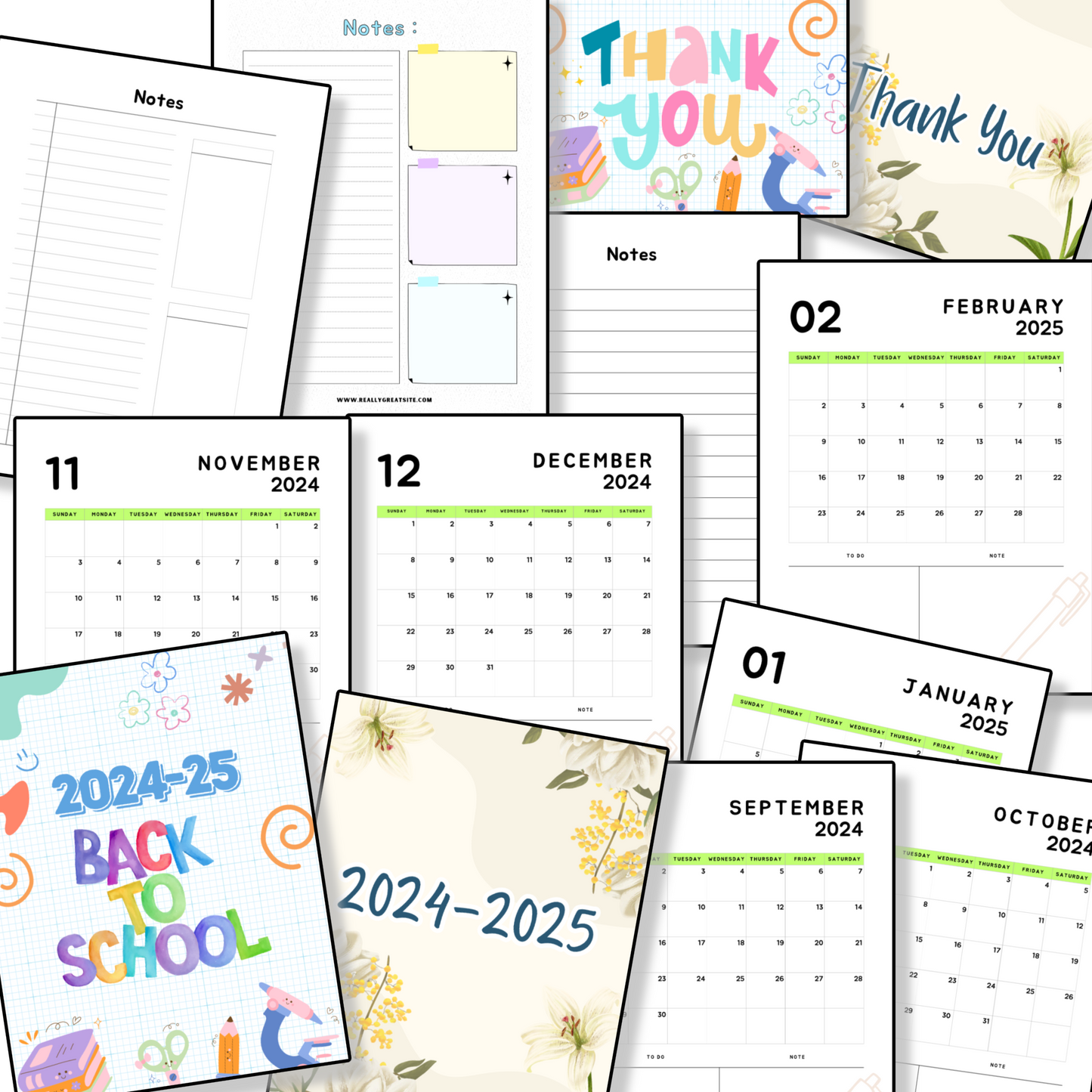 Arranged in a collage, various 2024-2025 calendars and note pages stand alongside "Back to School" designs, "Thank You" cards, and the Organized 31 Shop's 2024-2025 Planner.